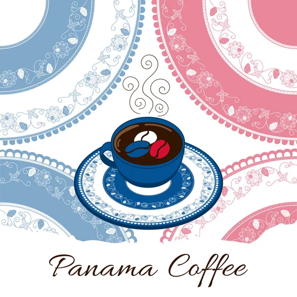 Panama káva vektorové ilustrace. Šálek kávy s květinovým ozdobeném talíři na pozadí pollera krajky. Tisk z café nápisu nebo leták, popisek, potravin plakát, samolepka nebo turistické upomínkové pohlednice design. — Stockový vektor