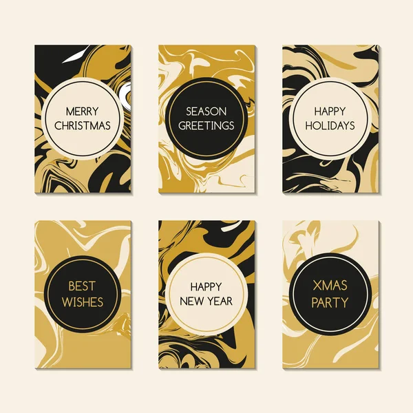 Conjunto de cartão de Natal vetor. Marcadores ou rótulos de Feliz Ano Novo definidos. Ouro preto abstrato marmorização férias design . — Vetor de Stock