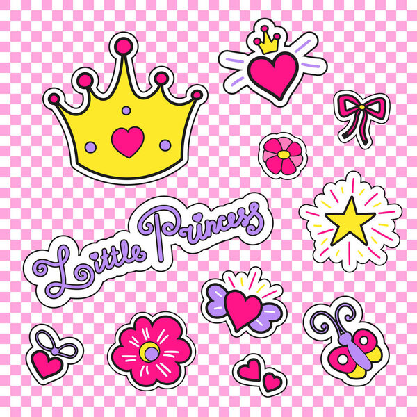 Мода патчи вектор с короной, сердца, звезды, цветы и другие элементы для маленькой принцессы. Набор стикеров или ярлыков для девочек изолированы
.