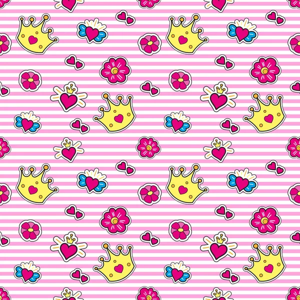 Mode patches patroon vector met kroon, harten en bloemen voor prinsesje. Voor meisjes op roze strepen achtergrond afdrukken. — Stockvector