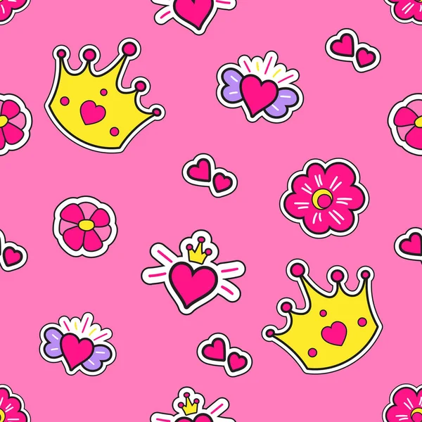 Parches de moda vector patrón con corona, corazones y flores para la pequeña princesa. Impresión para niñas sobre fondo rosa . — Vector de stock