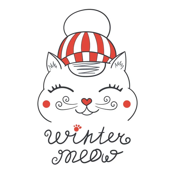 Kedi baskı vektör. Kış Miyav. Sevimli çizgi resimde. Evcil hayvan tasarım t-shirt, kış poster, tebrik kartı için çocuk parti ya da kartpostal tatili. — Stok Vektör