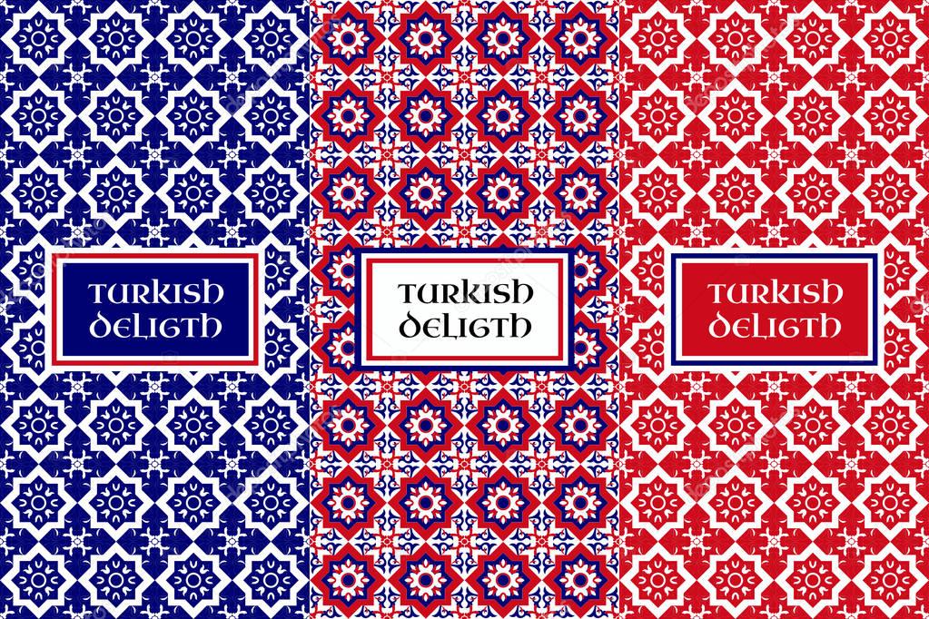Turkish delight pattern vector. Set of seamless flower backgrounds and design elements for food packaging. Labels or tag for oriental products and sweet shops.
