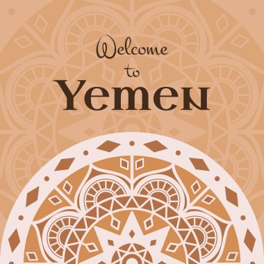 Yemen hoş geldiniz. Vektör çizim. Tasarım süsler ile Kum Çölü kahverengi arka plan üzerinde seyahat. Turizm afiş, kapak, bilgi kartı veya el ilanı şablonu için kavram.