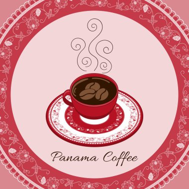 Panama coffee illustration vector. Coffee cup with floral decorated plate on red white lace pollera background. Print for cafe banner or flyer, label, food poster or tourist souvenir postcard design. clipart