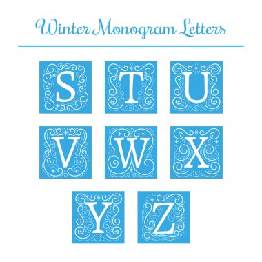 Kış başlangıç harfi vektör. Tatil monogram kartları için dekorasyon sermaye. Harfleri S, T, U, V, W, X, Y, Z frost süsleme ile izole.