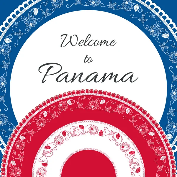 Добро пожаловать в Панаму. Векторная иллюстрация. Дизайн путешествия с цветочными пыльцевыми орнаментами в цветах флага Панамы. Концепция туристического баннера, открытки, подарочной карты или шаблона туристического флаера . — стоковый вектор