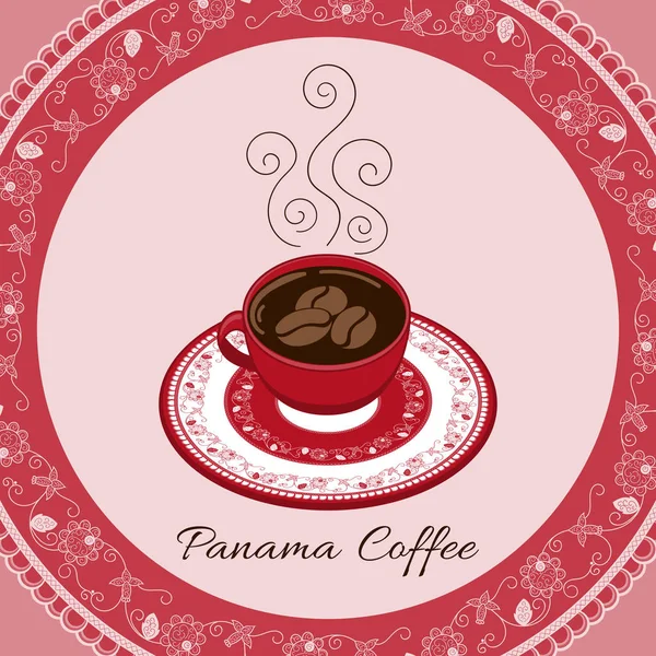 Panama káva vektorové ilustrace. Šálek kávy s květinovým ozdobeném talíři na červené bílé krajkové pollera pozadí. Tisk pro café nápisu nebo leták, popisek, potravin plakát nebo turistické upomínkové pohlednice design. — Stockový vektor