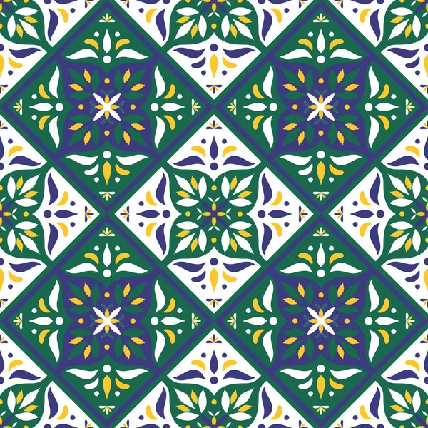 Wektor wzór płytki z przekątnej orientalne ornamenty. Portugalskich azulejo, meksykański talavera, hiszpańskiej, włoskiej majoliki lub arabski motywy. — Wektor stockowy