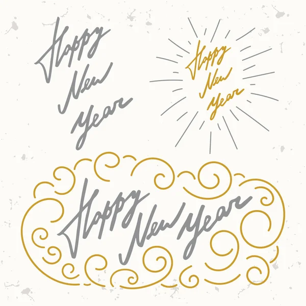 Happy New Year set vector. Gold silver calligraphy typography composition. Lettering holiday overlay template vector for greeting cards, photo, banner, flyer or party invitation. — Stock Vector