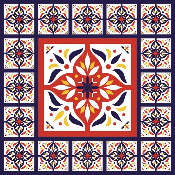 Vloer tegels - vintage patroon vector met keramische cement tegels. Grote tegel in centrum is ingelijst in kleine. Achtergrond met Portugese azulejo, Mexicaanse, Marokkaanse, Spaans, Arabisch motieven. — Stockvector