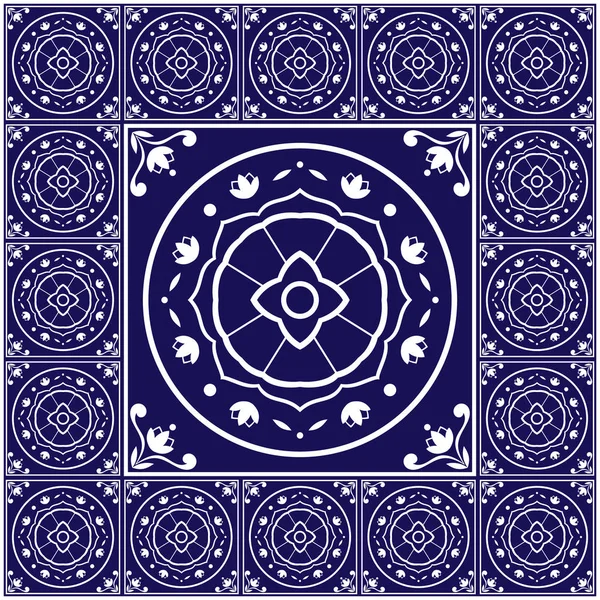 Μπλε και λευκά πλακάκια δαπέδου - πρότυπο διάνυσμα με τσιμέντο κεραμικά πλακίδια. Είναι πλαισιωμένο μεγάλο κεραμίδι στο κέντρο. Φόντο με Πορτογαλικά azulejo Μεξικού talavera, ισπανική, Ντελφτ, Ιταλική μοτίβα. — Διανυσματικό Αρχείο