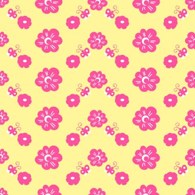 Parlak çiçek ve kelebek ile yazdırın. Tatlı kız arka plan şablonu doğum günü kartı, bebek davet duş, kızlar duvar kağıdı, giyim veya elbise kumaş. Küçük Prenses tasarlamak vektör.