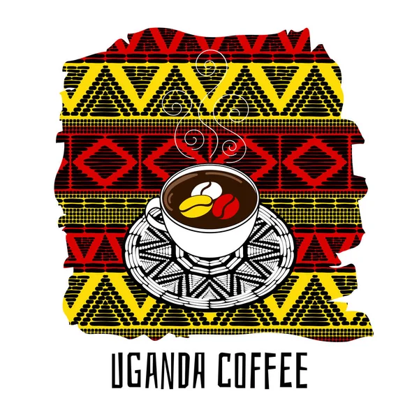 우간다 커피 벡터 일러스트입니다. 꾸며진 부족 배경에 커피 컵입니다. 배너, 전단지, 포스터 또는 관광 음료와 음식 디자인을 위한 디자인. — 스톡 벡터