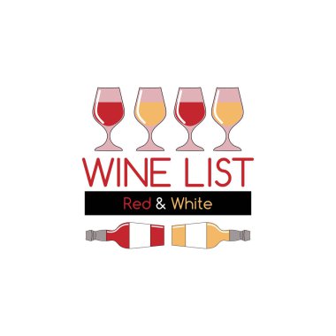 Şarap logo veya şarap listesi, çubuk, bağ veya şarap için etiket. Cam ve şişe şarap listesi logolu.