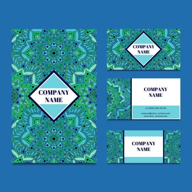 Dekoratif süs oryantal öğeleri kartvizit şablonu. Mandala çiçek desenli. Yoga stüdyosu, spa Salonu, Hint restoranı, Alternatif Tıp Merkezi, nargile veya oryantal dans stüdyosu için şablonlar.
