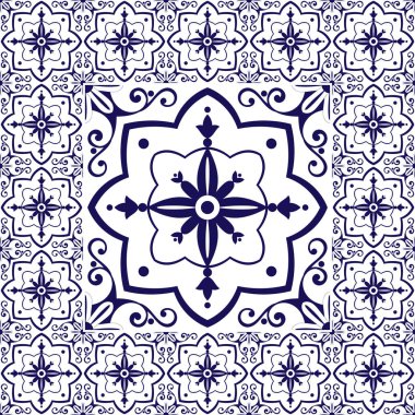 Beyaz mavi çinileri. katı yerleştir - vintage tasarlamak vektör seramik çimento ile döşer. Büyük çini Merkezi küçük çerçeveli. Portekizce azulejo, Meksikalı talavera, İspanyolca, delft Hollandalı motifleri ile arka plan.