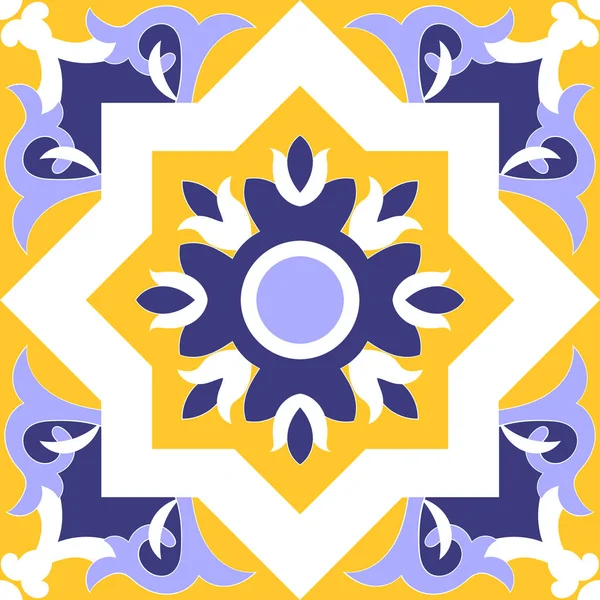 Padrão de telha textura vetorial design isolado. Talavera mexicano, azulejos portugueses, azulejo, espanhol, italiano ou marroquino ornamentos. Padrão de azulejos azul, amarelo e branco sem costura — Vetor de Stock