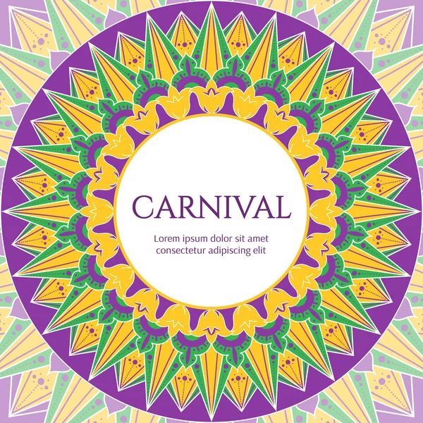 Karneval Rundrahmenvektor mit violetten, grünen und gelben Farben. Festliche Illustration mit Ornamenten. Vorlage für Design-Festival-Banner, Cover, Plakat, Flyer oder Party-Einladung. — Stockvektor