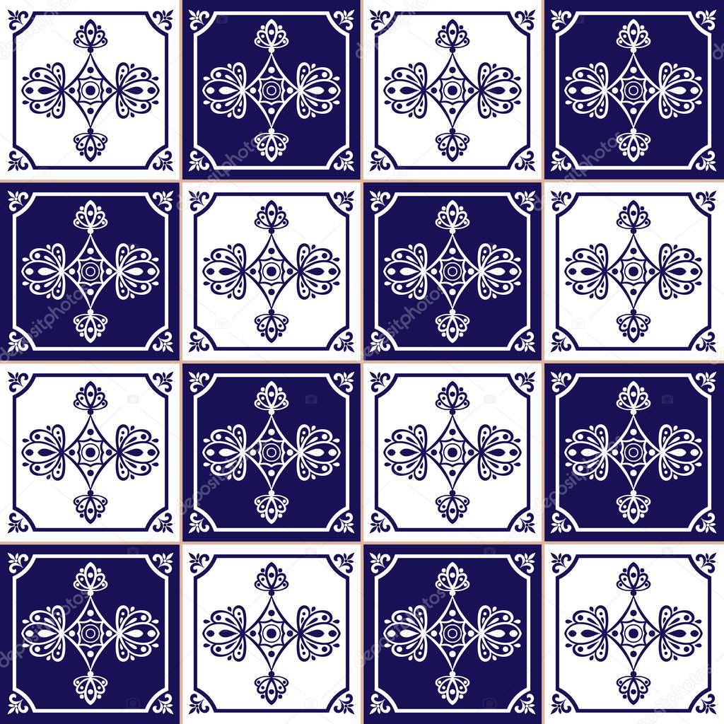 Ornamental pattern seamless vector blue and white color. Azulejo, portuguese tiles, spanish, moroccan, talavera, turkish or delft dutch tiles design with flowers motifs.