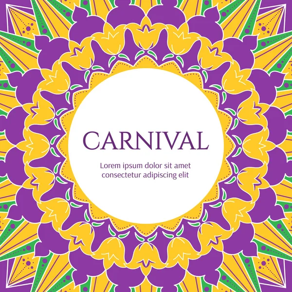 Vetor de moldura de carnaval. Ilustração floral em roxo festivo, verde e amarelo. Modelo para banner do festival de design, cartaz, panfleto ou convite de festa . — Vetor de Stock