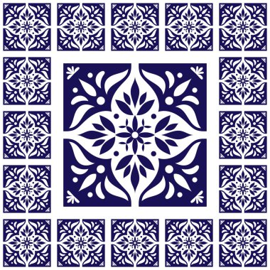 Fayans döşeme - vintage tasarlamak vektör seramik çimento ile döşer. Büyük çini Merkezi küçük çerçeveli. Portekizce azulejo, Meksika, İspanyolca, Arapça, Mağribi seramik motifleri ile arka plan.