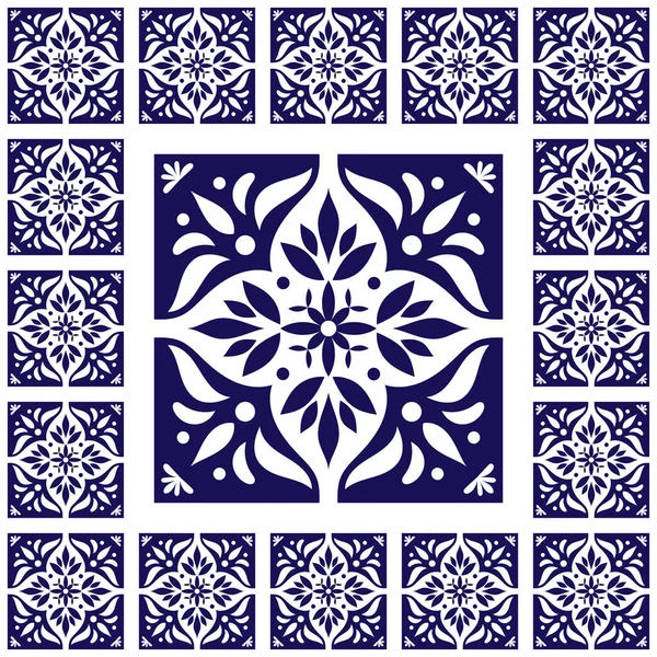 Carrelage sol - motif vintage vecteur avec carreaux de ciment céramique. Grande tuile au centre est encadrée en petit. Arrière-plan avec azulejo portugais, mexicain, espagnol, arabe, motifs de céramique mauresque . — Image vectorielle