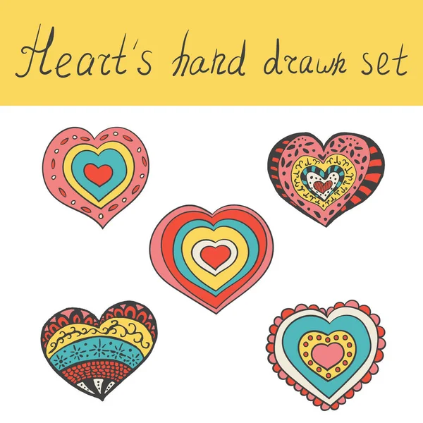 Hearts hand drawn colorful Set. Hearts icons. Hand drawn doodles Vector illustration. — Stock Vector