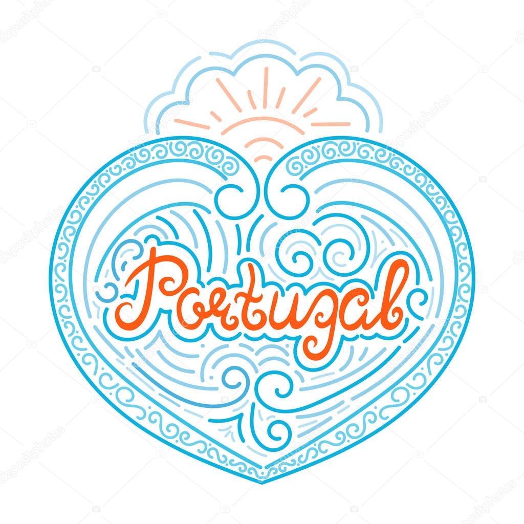 Portugal hand drawn typography illustration isolated vector with ocean waves. Unique print for fashion clothing apparel t-shirt, touristic souvenir postcard or Portuguese vacation banner.