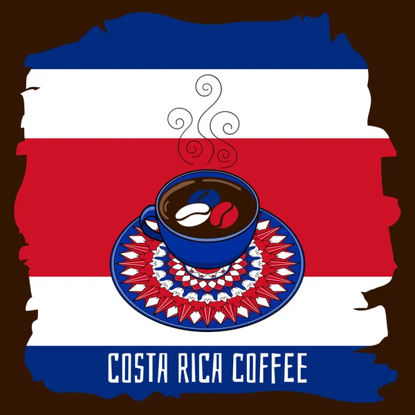 Kostarika káva ilustrace s vlajkou země barevné pozadí a šálek kávy. — Stockový vektor