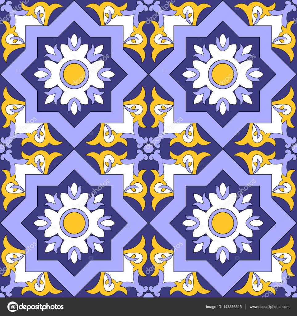 Download Ornamental Pattern Seamless Vector Blue Yellow And White Color Azulejo Portuguese Tiles Spanish Moroccan Mexican Talavera Or Turkish Tiles Design With Flowers Motifs Stock Vector C Irinelle 143336615 PSD Mockup Templates