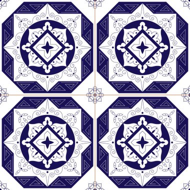 Meksika fayans azulejos vektör Dikişsiz desen. Mavi beyaz geleneksel çini süsleme tasarım, illüstrasyon vektör. Delft holland porselen, İspanyolca, Portekizce azulejo.