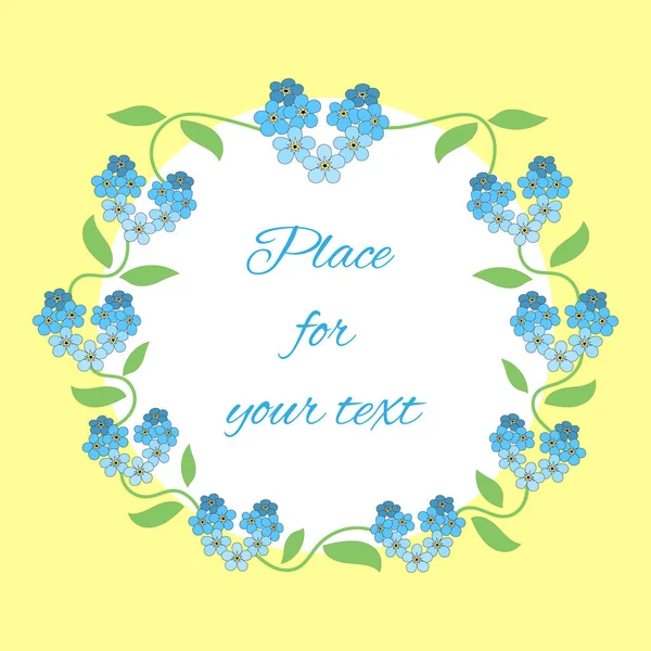 Flower banner or greeting card with blue forget-me-not wreath and place for text — Stock Vector