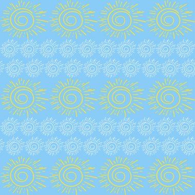 Bahar güneşli tasarlamak vektör sorunsuz. Bahar desen çocuk bebek tarzı mavi arka plan üzerinde güneş ile