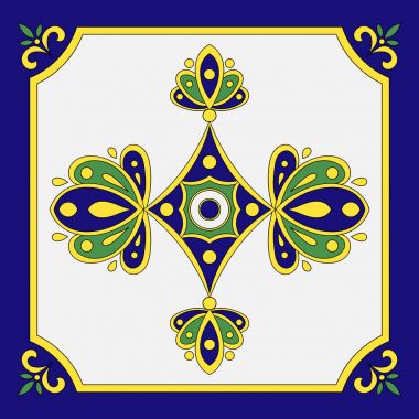 Döşeme zemin deseni. Süs sorunsuz vektör mavi, yeşil, sarı ve beyaz renk desen. Azulejo, Portekiz fayans, İspanyolca, İtalyanca veya talavera tasarım döşer.