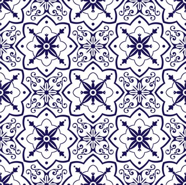 Delft Hollandalı fayans tasarlamak vektör mavi ve beyaz süslemeli. Portekizce azulejo, Meksika, İspanyolca, Arapça veya Fas motifler. Duvar kağıdı, yüzey dokusu, kaydırma veya kumaş kiremitli arka plan.
