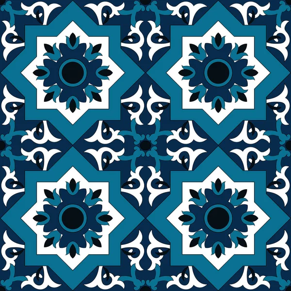 Dekorativa mönster sömlös vektor blå och vit färg. Azulejo, portugisiska kakel, spanska, marockanska, turkiska eller arabiska kakel design med blommor motiv. — Stock vektor