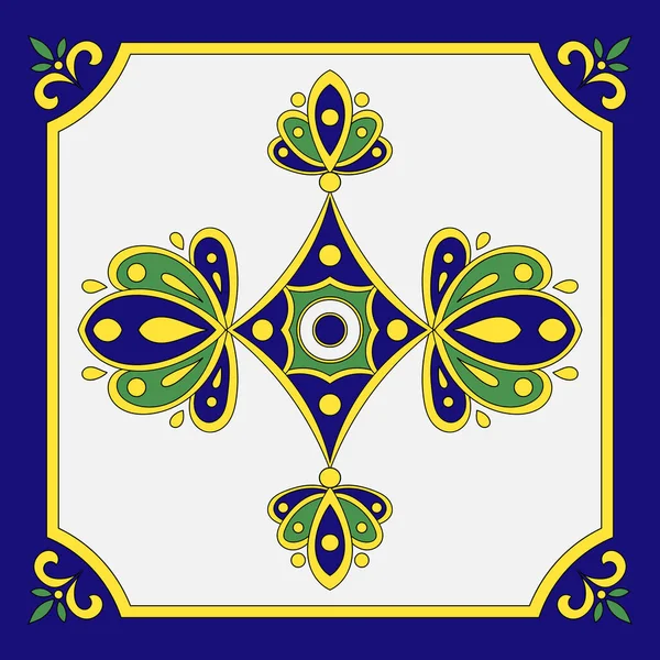 Tegel vloer patroon. Versiering patroon naadloze vector blauwe, groene, gele en witte kleur. Azulejo, Portugese tegels, Spaans, Italiaans of talavera tegels ontwerp. — Stockvector