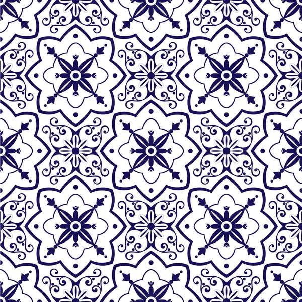 Delft dutch tiles pattern vector with blue and white ornaments. Portuguese azulejo, mexican, spanish, arabic or moroccan motifs. Tiled background for wallpaper, surface texture, wrapping or fabric. — Stock Vector