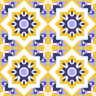 Süs vektör kesintisiz mavi, sarı ve beyaz renk. Döşeme deseni - azulejo, Portekizce fayans, İspanyolca, Fas, talavera, Türk veya Arap çini tasarım çiçek motifleri ile.