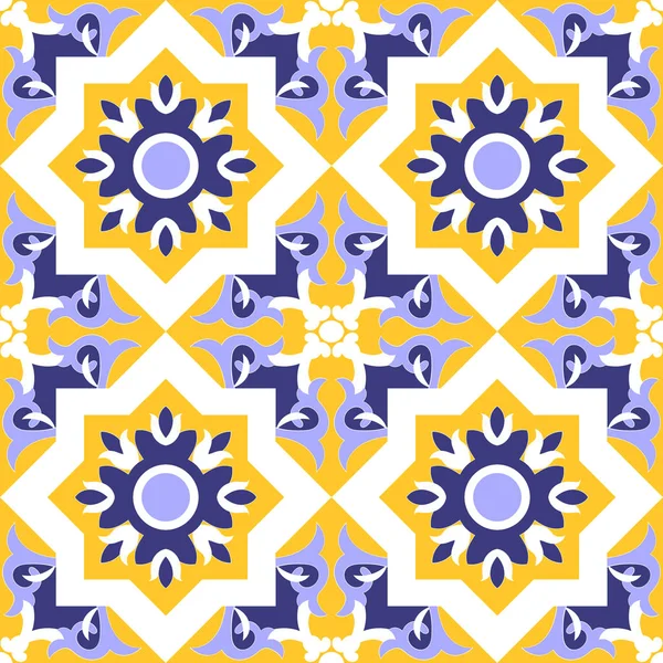 Patrón ornamental vector de color azul, amarillo y blanco sin costuras. Patrón de azulejos azulejo, azulejos portugueses, español, marroquí, talavera, turco o árabe azulejos de diseño con motivos de flores . — Archivo Imágenes Vectoriales