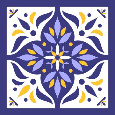 Mavi, sarı ve beyaz çini vektör. Portekizce azulejo süsler desenle döşer.