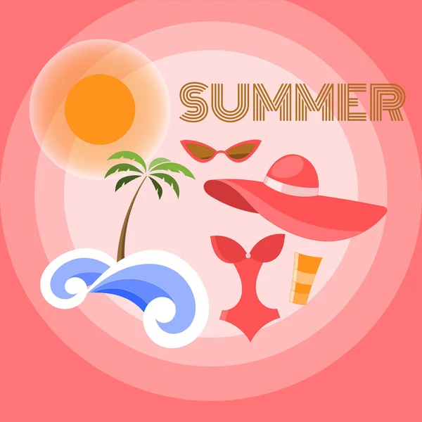 Vector de fondo de verano. Concepto de vacaciones. Sombrero, traje de baño de mujer, sol, palma, olas marinas, libertad y gafas de sol ilustración. Cartel, banner o tarjeta de verano para su diseño . — Archivo Imágenes Vectoriales