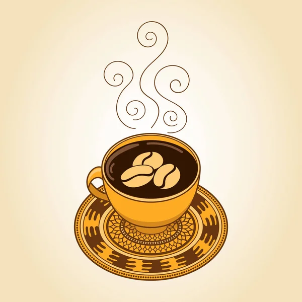 Cartaz de xícara de café de estilo étnico com fumaça curva e feijão. Café tempo boho conceito estilizado vetor ilustração — Vetor de Stock