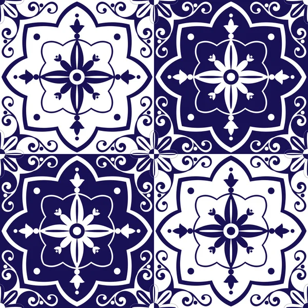 Delft dutch tiles pattern vector with blue and white flowers ornaments — Stock Vector