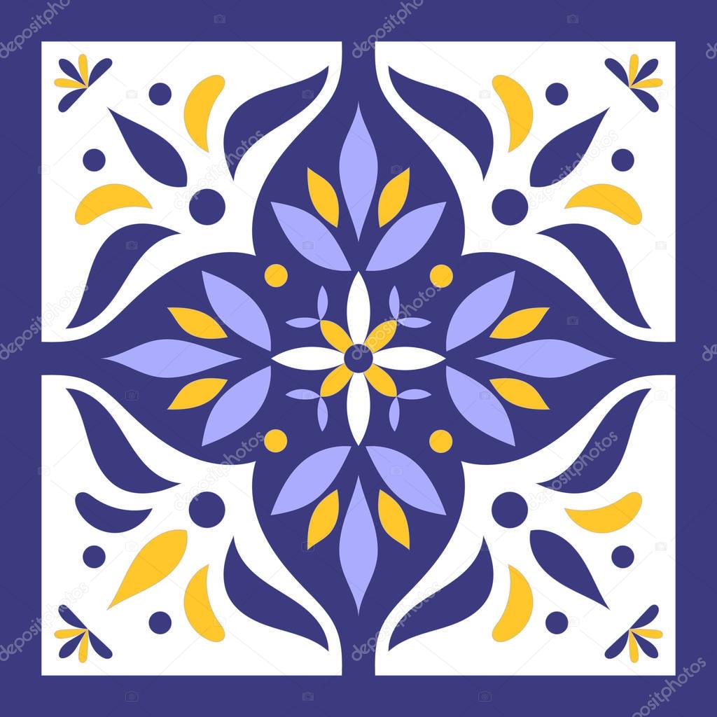 Blue, yellow and white tile vector. Portuguese tiles pattern with azulejo ornaments.