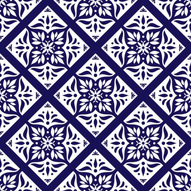 Fayans tasarlamak vektör çapraz mavi ve beyaz çiçek süslemeli. Portekizce azulejo, Meksika, İspanyol veya Arapça motifler. Oriental arka plan duvar kağıdı, sarma, kağıt kesme veya kumaş döşeli.