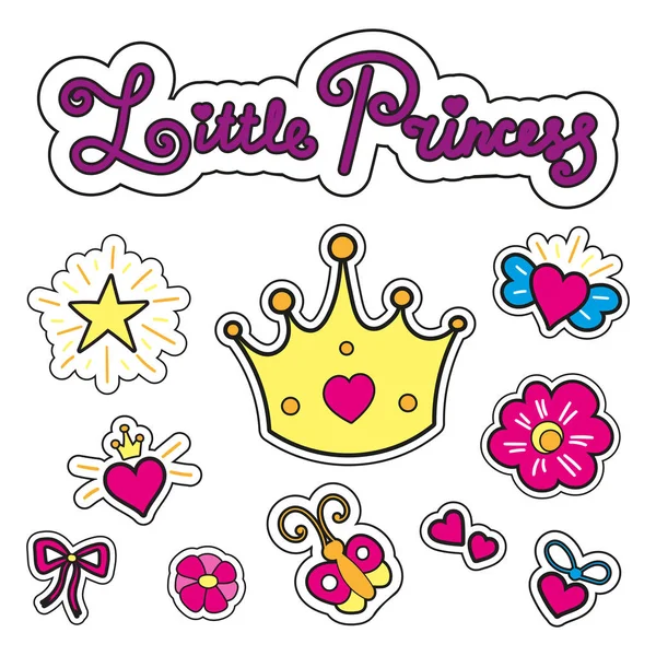 StockParches de moda con corona, corazones, estrellas, lazo, flores y otros elementos para niñas. Set de pegatinas vector para la pequeña princesa aislada sobre fondo blanco . — Vector de stock