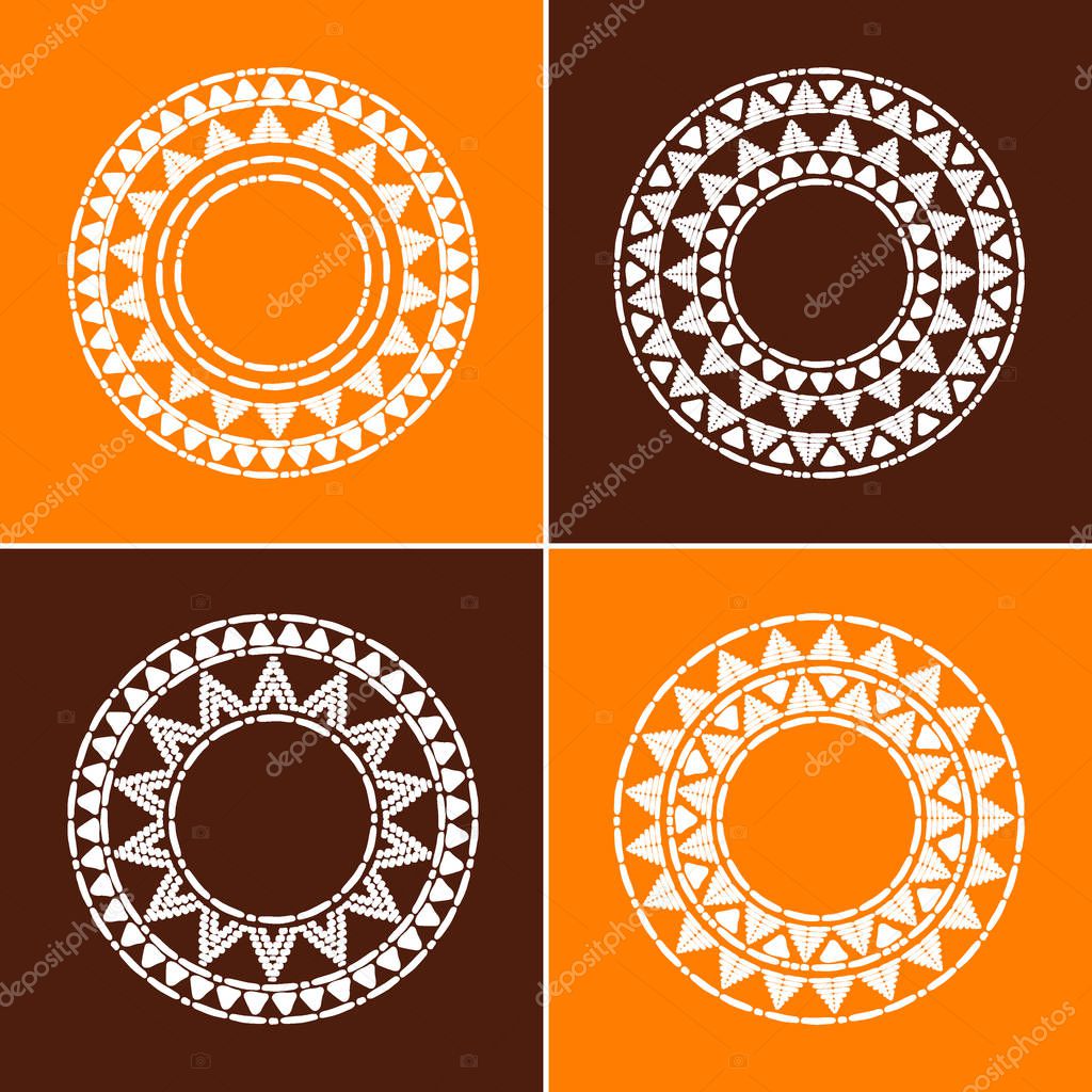 Tribal round frames collection vector. African, mexican, Peruvian or Aztec sun decorative elements. Black contour unique design for tribes logos, badge, labels or boho tattoo.