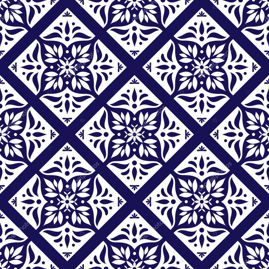 Tiles pattern vector with diagonal blue and white flowers ornaments. Portuguese azulejo, mexican, spanish or arabic motifs. Oriental tiled background for wallpaper, wrapping, paper cut or fabric.